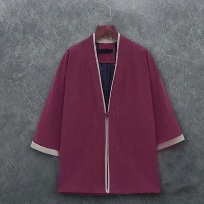 Buddha Stones Spring Summer Minimalist Casual Knot Button Solid Cotton Three-Quarter Sleeve Men's Kimono - Maroon - US/UK/AU46, EU56 (5XL) - image 10