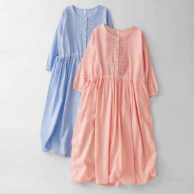 Buddha Stones Spring Summer Casual Vintage Button-Up Drawstring Solid Crew Neck Women's Three-Quarter Sleeve Dress - image 0