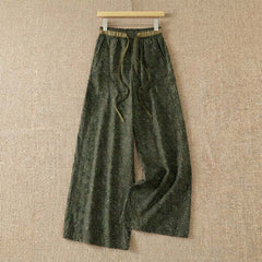 Buddha Stones Spring Summer Boho Drawstring Green Abstract Long Pants Women's Wide Leg Pants With Pocket - DarkOliveGreen - US8-10, UK/AU12-14, EU40-42 (2XL) - image 0