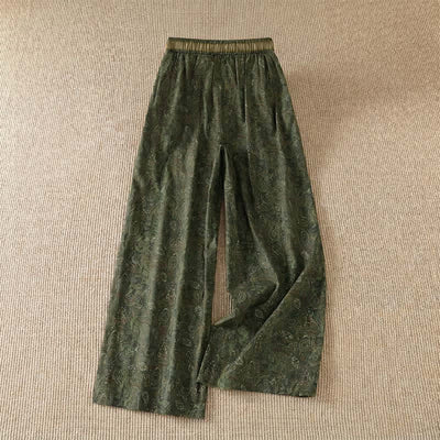 Buddha Stones Spring Summer Boho Drawstring Green Abstract Long Pants Women's Wide Leg Pants With Pocket - image 1