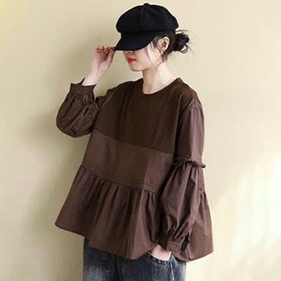 Buddha Stones Spring Fall Casual Vintage Crew Neck Peplum Hem Drawstring Solid Women's Long Sleeve T-Shirt - image 3