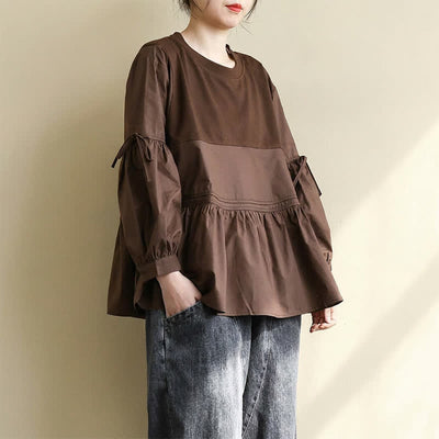 Buddha Stones Spring Fall Casual Vintage Crew Neck Peplum Hem Drawstring Solid Women's Long Sleeve T-Shirt - image 12