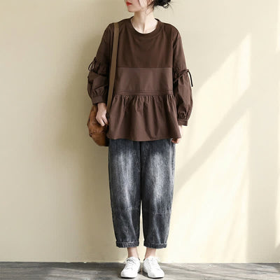 Buddha Stones Spring Fall Casual Vintage Crew Neck Peplum Hem Drawstring Solid Women's Long Sleeve T-Shirt - image 14