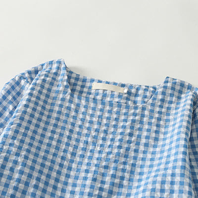 Buddha Stones Spring Casual Vintage Light Blue Plaid Crew Neck Women's Long Sleeve Dress With Pocket - image 2