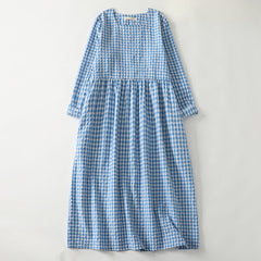 Buddha Stones Spring Casual Vintage Light Blue Plaid Crew Neck Women's Long Sleeve Dress With Pocket - LightSkyBlue - US12, UK/AU16, EU44 (2XL) - image 0