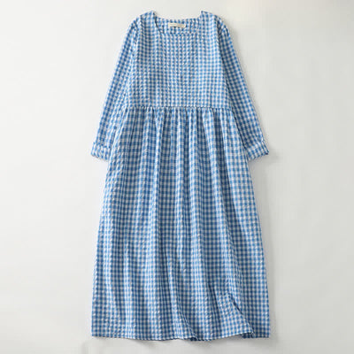 Buddha Stones Spring Casual Vintage Light Blue Plaid Crew Neck Women's Long Sleeve Dress With Pocket - LightSkyBlue - US12, UK/AU16, EU44 (2XL) - image 0