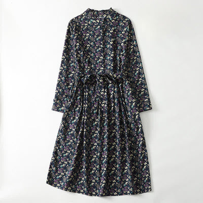 Buddha Stones Spring Summer Vintage Elegant Button-Up Floral Women's Long Sleeve DressWith Pockets - Navy - US8-10, UK/AU12-14, EU40-42 (2XL) - image 11