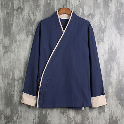 Buddha Stones Spring Fall Casual Tang Style Drawstring Contrast Trim Solid Men's Kimono - Navy - US/UK/AU46, EU56 (5XL) - image 10