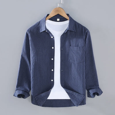 Buddha Stones Spring Fall Casual Minimalist Button-Up Vertical Striped Men's Long Sleeve Shirts With Patch Pocket - Navy - US/UK/AU42, EU52 (3XL) - image 11