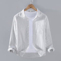 Buddha Stones Spring Fall Casual Minimalist Button-Up Vertical Striped Men's Long Sleeve Shirts With Patch Pocket - White - US/UK/AU42, EU52 (3XL) - image 0