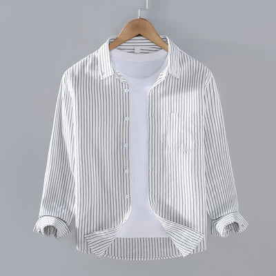 Buddha Stones Spring Fall Casual Minimalist Button-Up Vertical Striped Men's Long Sleeve Shirts With Patch Pocket - White - US/UK/AU42, EU52 (3XL) - image 0
