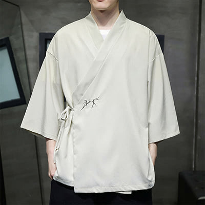 Buddha Stones Summer Tang Style Minimalist Drawstring Bamboo Solid Three-Quarter Sleeve Men's Kimono - image 1