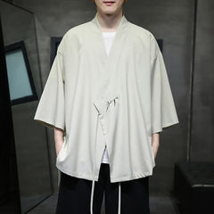 Buddha Stones Summer Tang Style Minimalist Drawstring Bamboo Solid Three-Quarter Sleeve Men's Kimono - Beige - US/UK/AU46, EU56 (5XL) - image 0
