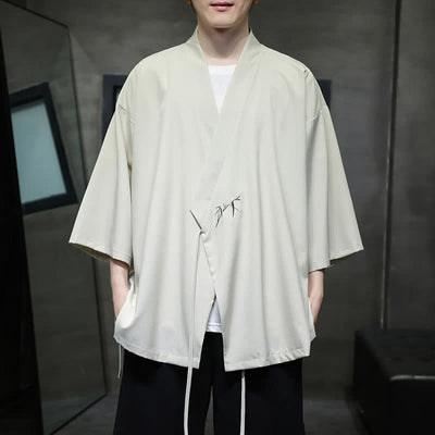 Buddha Stones Summer Tang Style Minimalist Drawstring Bamboo Solid Three-Quarter Sleeve Men's Kimono - Beige - US/UK/AU46, EU56 (5XL) - image 0