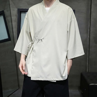 Buddha Stones Summer Tang Style Minimalist Drawstring Bamboo Solid Three-Quarter Sleeve Men's Kimono - image 2