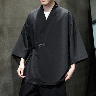 Buddha Stones Summer Tang Style Minimalist Drawstring Bamboo Solid Three-Quarter Sleeve Men's Kimono - image 14