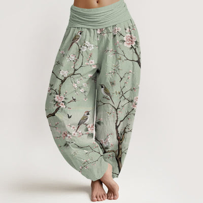 Buddha Stones Cotton Cherry Blossoms Bird Pattern Women's Elastic Waist Harem Pants - LightGreen - US16，UK/AU20，EU48 (3XL) - image 0