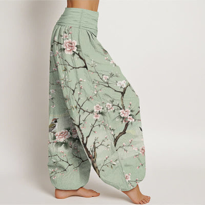 Buddha Stones Cotton Cherry Blossoms Bird Pattern Women's Elastic Waist Harem Pants - image 1