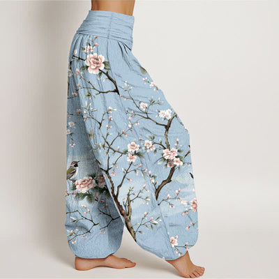Buddha Stones Cotton Cherry Blossoms Bird Pattern Women's Elastic Waist Harem Pants - image 6