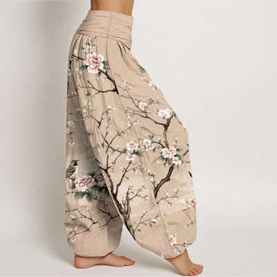 Buddha Stones Cotton Cherry Blossoms Bird Pattern Women's Elastic Waist Harem Pants - image 9