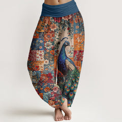Buddha Stones Cotton Peacock Floral Patchwork Pattern Women's Elastic Waist Harem Pants - Teal - US16，UK/AU20，EU48 (3XL) - image 0