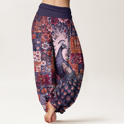 Buddha Stones Cotton Peacock Floral Patchwork Pattern Women's Elastic Waist Harem Pants - image 7