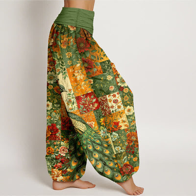 Buddha Stones Cotton Peacock Floral Patchwork Pattern Women's Elastic Waist Harem Pants - image 9