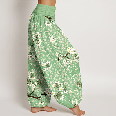Buddha Stones Cotton White Blossom Branch Pattern Women's Elastic Waist Harem Pants - image 1