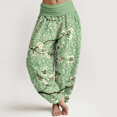 Buddha Stones Cotton White Blossom Branch Pattern Women's Elastic Waist Harem Pants - LightGreen - US16，UK/AU20，EU48 (3XL) - image 0