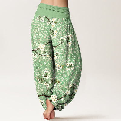 Buddha Stones Cotton White Blossom Branch Pattern Women's Elastic Waist Harem Pants - image 2