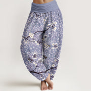 Foviel Baumwolle weiß Blütenzweig Muster Damen elastische Taille Harem Hose