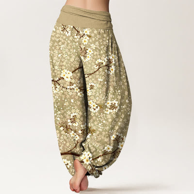 Buddha Stones Cotton White Blossom Branch Pattern Women's Elastic Waist Harem Pants - image 10