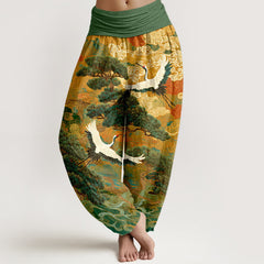 Buddha Stones Cotton Crane Pine Wave Pattern Women's Elastic Waist Harem Pants - LimeGreen - US16，UK/AU20，EU48 (3XL) - image 0