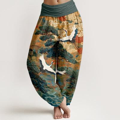Buddha Stones Cotton Crane Pine Wave Pattern Women's Elastic Waist Harem Pants - CadetBlue - US16，UK/AU20，EU48 (3XL) - image 8