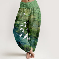 Buddha Stones Cotton Forest Lake Flying Bird Pattern Women's Elastic Waist Harem Pants - LimeGreen - US16，UK/AU20，EU48 (3XL) - image 0