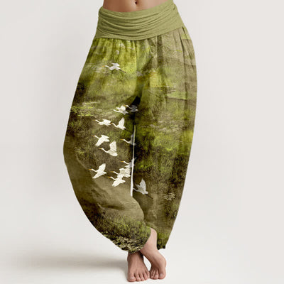 Buddha Stones Cotton Forest Lake Flying Bird Pattern Women's Elastic Waist Harem Pants - YellowGreen - US16，UK/AU20，EU48 (3XL) - image 5