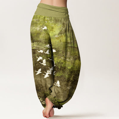 Buddha Stones Cotton Forest Lake Flying Bird Pattern Women's Elastic Waist Harem Pants - image 7