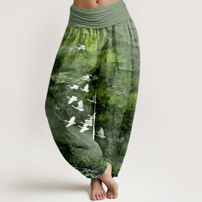 Buddha Stones Cotton Forest Lake Flying Bird Pattern Women's Elastic Waist Harem Pants - DarkSeaGreen - US16，UK/AU20，EU48 (3XL) - image 8