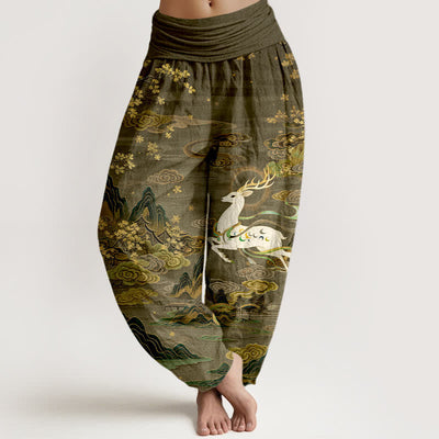 Buddha Stones Cotton White Deer Mountain Pattern Women's Elastic Waist Harem Pants - Olive - US16，UK/AU20，EU48 (3XL) - image 8