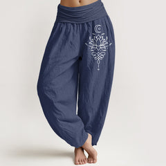 Buddha Stones Pure Cotton White Lotus Pattern Women's Elastic Waist Harem Pants - DarkSlateBlue - US16，UK/AU20，EU48 (3XL) - image 0