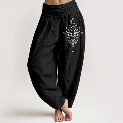 Buddha Stones Pure Cotton White Lotus Pattern Women's Elastic Waist Harem Pants - Black - US16，UK/AU20，EU48 (3XL) - image 5
