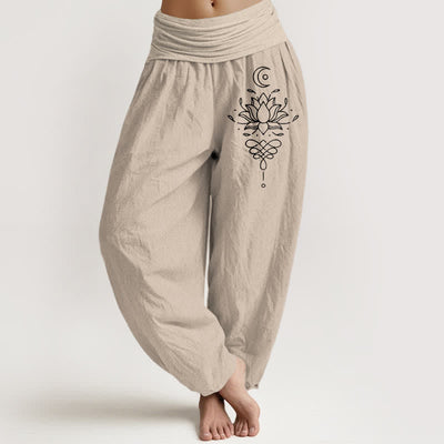 Buddha Stones Pure Cotton White Lotus Pattern Women's Elastic Waist Harem Pants - Tan - US16，UK/AU20，EU48 (3XL) - image 11
