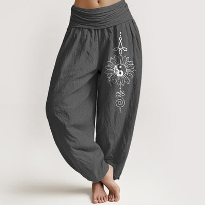 Buddha Stones Pure Cotton Sunflower Yin Yang Pattern Women's Elastic Waist Harem Pants - DimGray - US16，UK/AU20，EU48 (3XL) - image 11