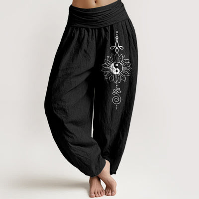 Buddha Stones Pure Cotton Sunflower Yin Yang Pattern Women's Elastic Waist Harem Pants - Black - US16，UK/AU20，EU48 (3XL) - image 5