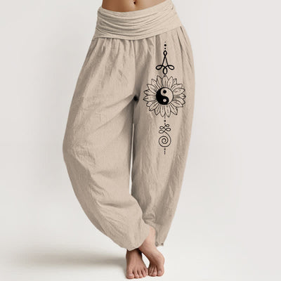 Buddha Stones Pure Cotton Sunflower Yin Yang Pattern Women's Elastic Waist Harem Pants - Tan - US16，UK/AU20，EU48 (3XL) - image 0