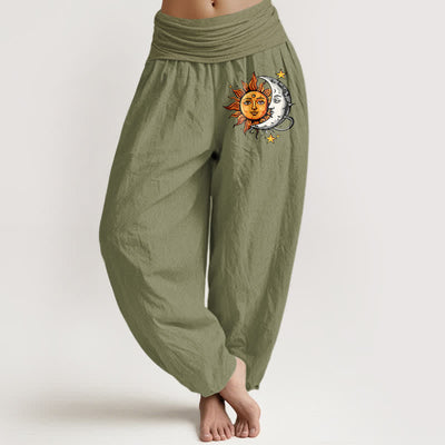 Buddha Stones Pure Cotton Sun and Moon Pattern Women's Elastic Waist Harem Pants - OliveDrab - US16，UK/AU20，EU48 (3XL) - image 14