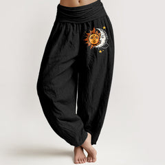 Buddha Stones Pure Cotton Sun and Moon Pattern Women's Elastic Waist Harem Pants - Black - US16，UK/AU20，EU48 (3XL) - image 0