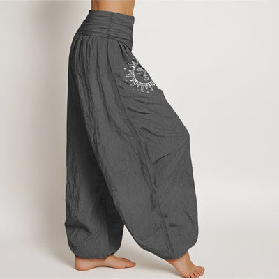 Buddha Stones Pure Cotton Sun Moon Pattern Women's Elastic Waist Harem Pants - image 9