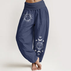 Buddha Stones Pure Cotton Sun Moon Pattern Women's Elastic Waist Harem Pants - DarkSlateBlue - US16，UK/AU20，EU48 (3XL) - image 0