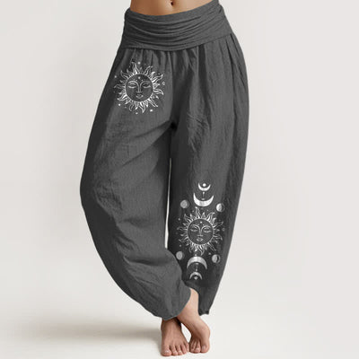 Buddha Stones Pure Cotton Sun Moon Pattern Women's Elastic Waist Harem Pants - DimGray - US16，UK/AU20，EU48 (3XL) - image 8